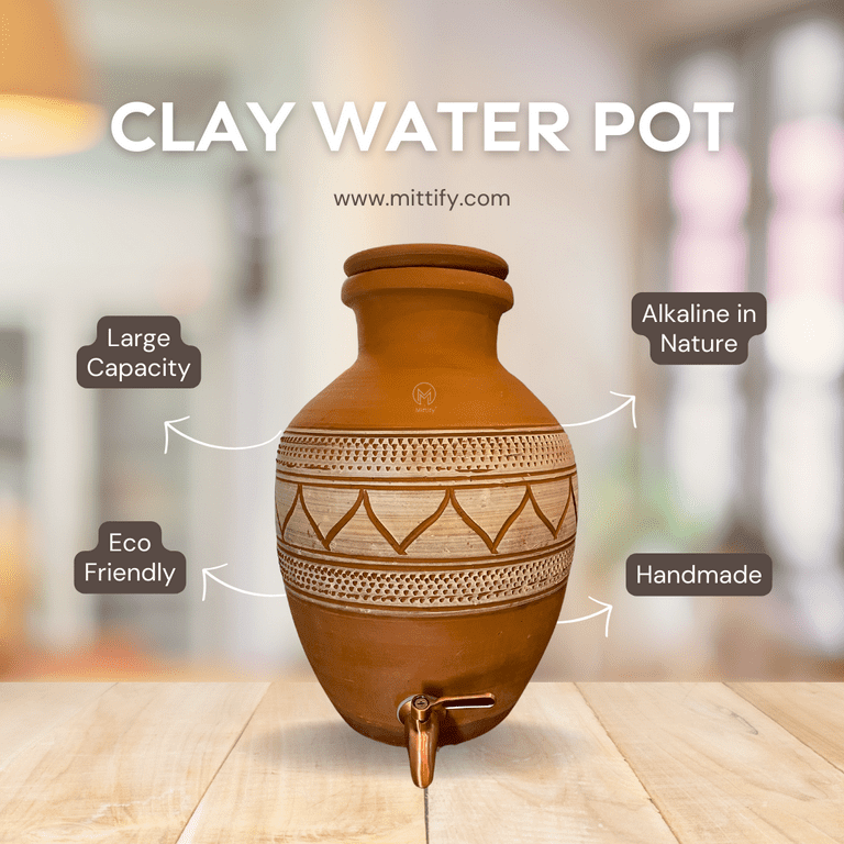 Mittify Natural Clay Water Pot Mandala Art Design with Tap (270 oz