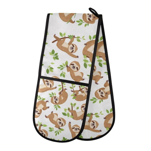 Dailycode Double Sided Oven Mitt with Loop Heat Resistant Kitchen Long Potholders 7" x 35" Cutes Sloth with Leaf