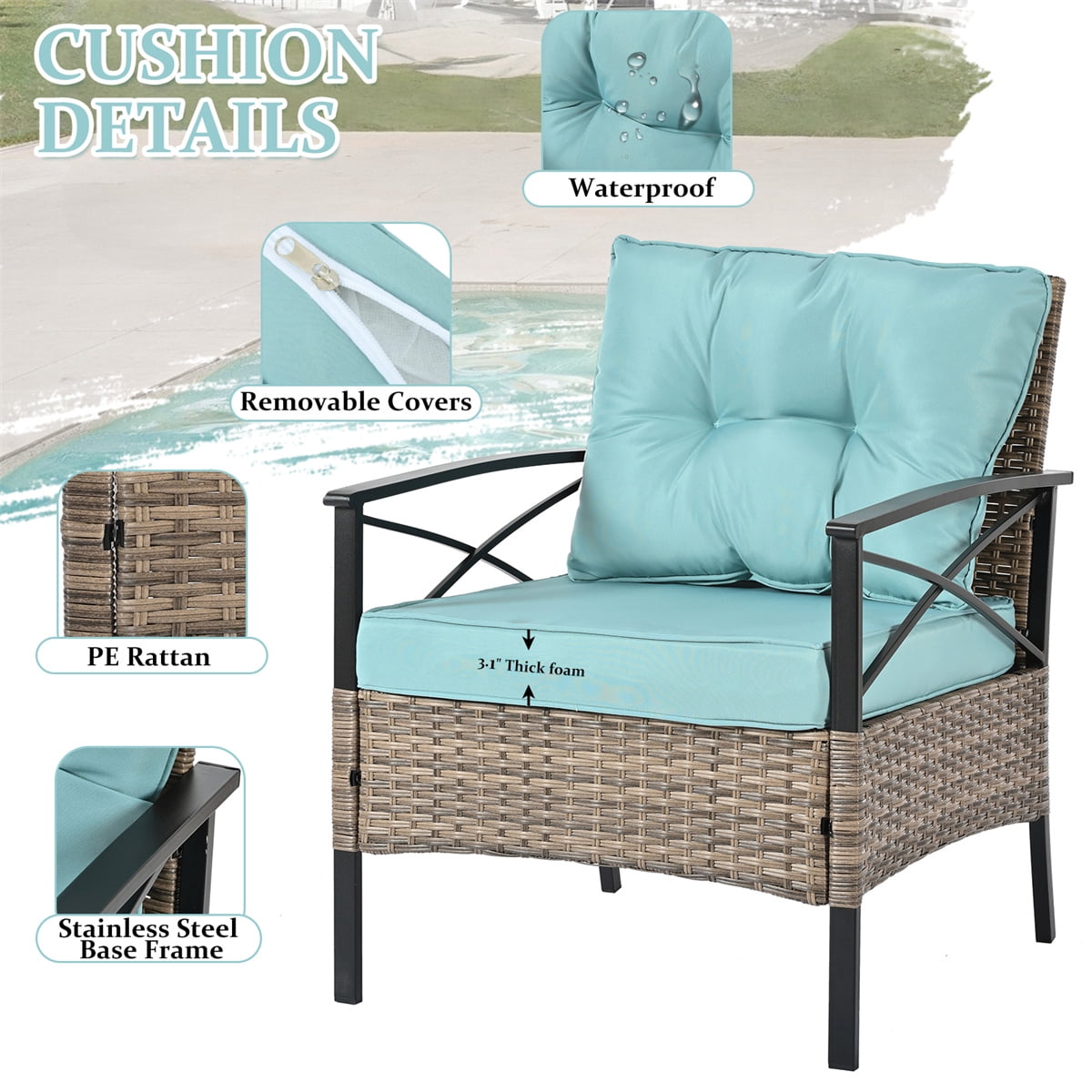 HighSound Patio Furniture Set, 4 Piece Outdoor Patio Conversation Set, All-Weather PE Rattan Wicker Sectional Patio Sofa Set with Coffee Table, Light Blue Cushions