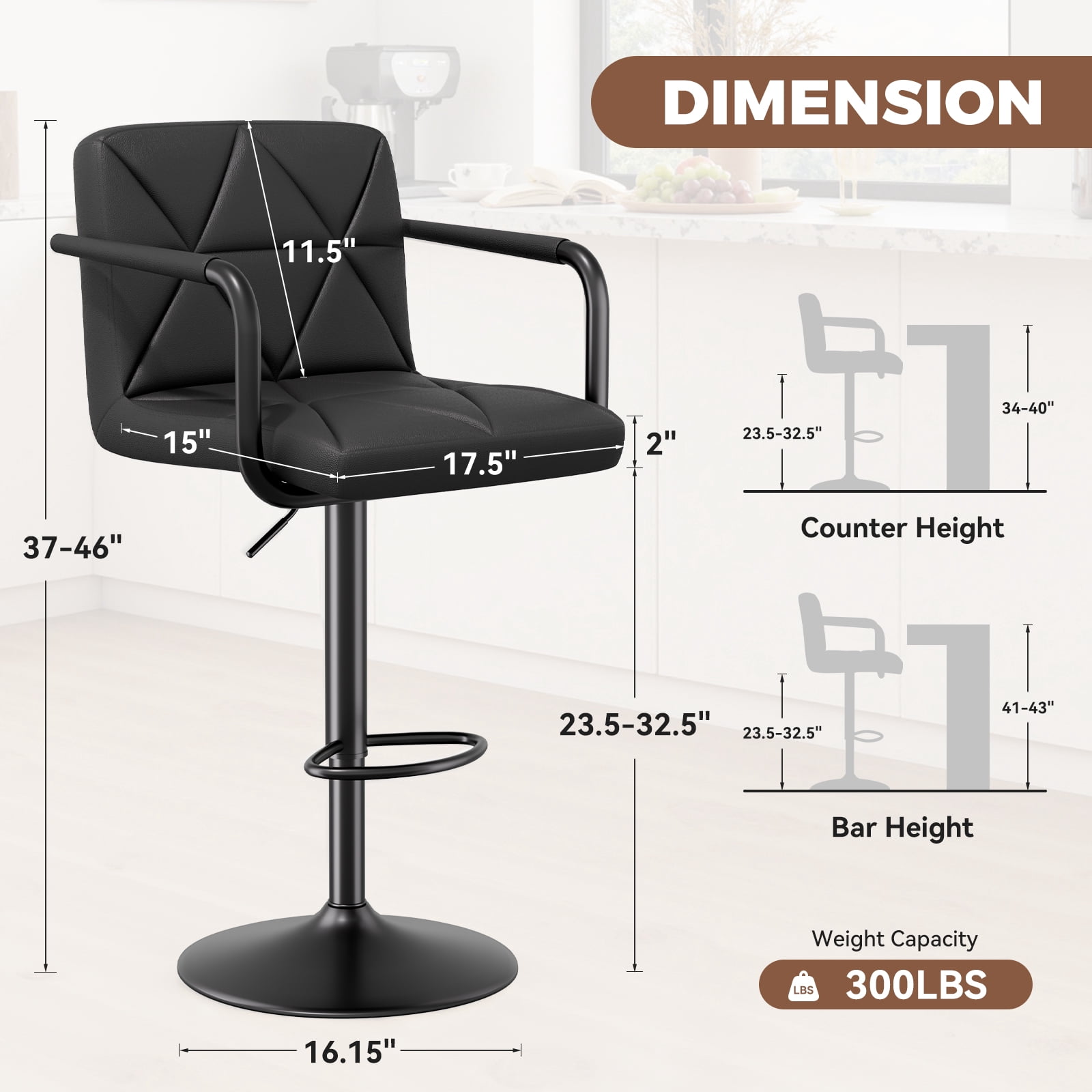 Daluvenix Bar Stools Set of 2， PU Leather Adjustable Swivel Barstools，Hydraulic Counter Height Bar Chairs with Armrest Back for Kitchen Island，Black