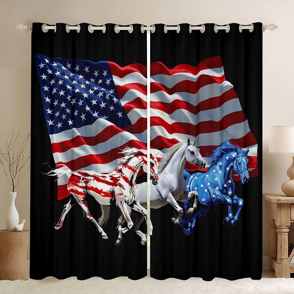 Manfei Galloping Horse Kitchen Curtains, Patriotic American Flag Black Out Curtains Pack of 2 (42x63 Each), Red White Blue