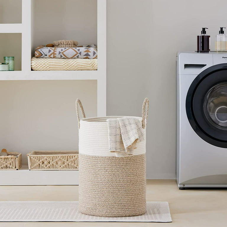 58L Woven Laundry Basket,Cotton Tall Laundry Hamper for  Blankets,Clothes,Pillows,Toys,Shoes Large Laundry Bin White