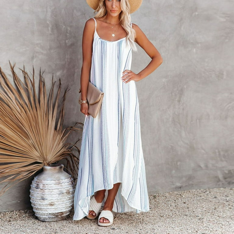 Boho Dress for Women Stripes Spaghetti Straps Beach High Low Dress
