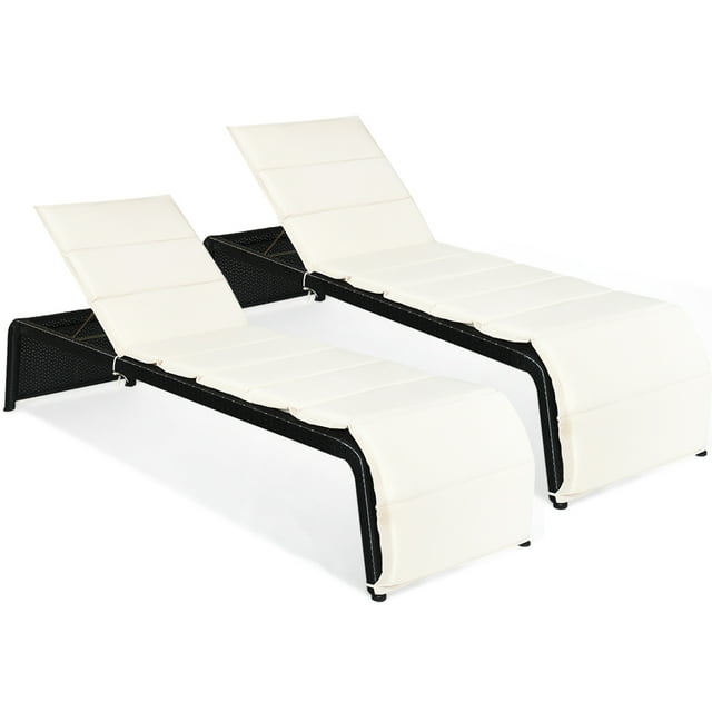 Costway Lot de 2 Chaises Longues Inclinables en Rotin pour Patio, Dossier Réglable, Coussinées, Jardin