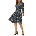 thumbnail image 5 of INSPIRE CHIC Women's Boho Floral V Neck Bishop Sleeve Below The Keen Wrap Dress XL Dark Blue, 5 of 7