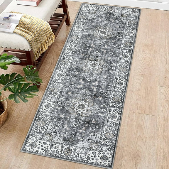 HOMERRY Modern Vintage Floral Washable 2' x 6' Runner Rug Non-Skid Low Pile Rug Gray Boho Kitchen Doormat