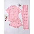 thumbnail image 2 of Pink Cherry Print 3-Piece Womens Pajama Set: Button-Up Top, Shorts & Long Pants, 2 of 5