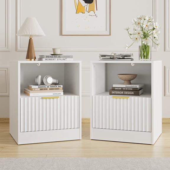 YouTrend Nightstand Set of 2 for Bedroom, Modern Bedside Table End Table with Storage Drawer & Open Shelf, Wooden Storage Cabinet for Living Room, White