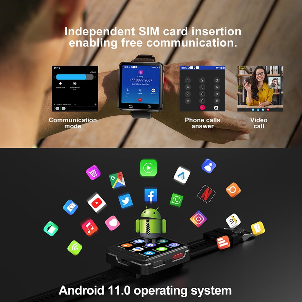 Rainbuvvy 4G Android Smart Watch 2.64 Inch Single SIM Card MTK6761 4GB 128GB GPS Bluetooth 5.0 Built-in Android 11.0 WIFi Dual Camera 2MP/8MP Compass Function 1200mAh type-c sports watch