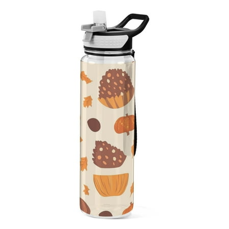 

32oz Transparent Sports Water Bottle with Straw BPA Free Tritan for Kids Adults Outdoor School Gym Fitness Thanksgiving Pattern