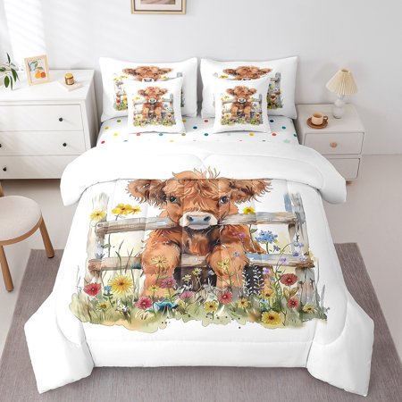 Castle Fairy Highland Cow 7-Piece Twin Bedding Sets Kawaii Animal Bedding Comforter Set Watercolor Flower Breathable Sheet Sets Ultra Soft Floral Home Decor Reversible
