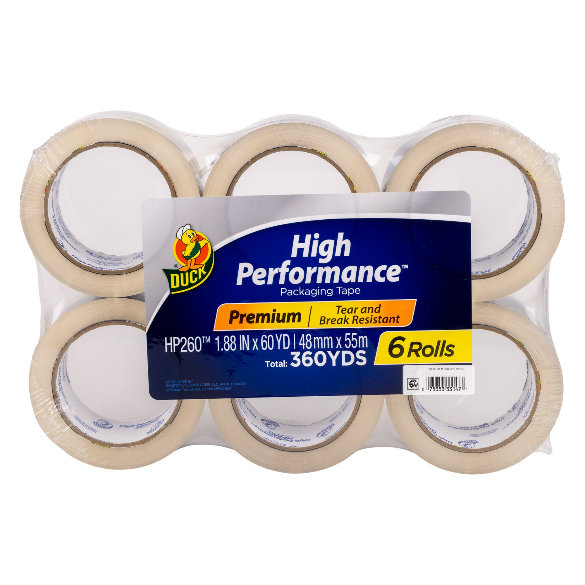Duck Brand Duck High Performance Tape Packing Tape, Clear, 1.88 in. x 60 yd., 6 Rolls, 360 Yards Total