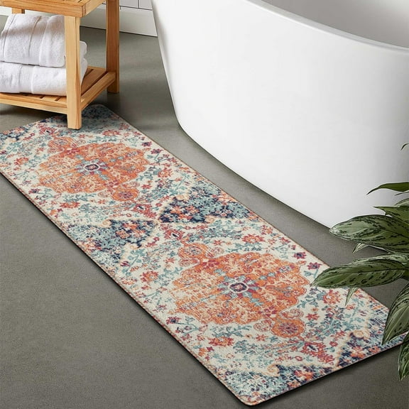 Woodiggie Boho Bathroom Rugs Contemporary Tribal Orange Polyester, 17" x 47", Water Absorbent