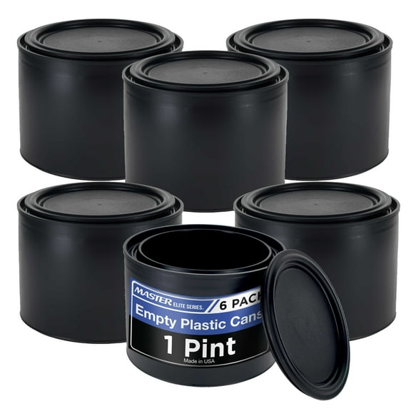 Master Elite 1 Pint Empty Plastic Paint Can Bucket, Pack of 6 - Triple Lock Airtight Lid Seal, 16 fl. oz. All-Plastic Coating Storage Container Can - Pail Handle, Dent & Rust Proof, Odor Resistant