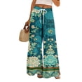 thumbnail image 2 of Dress Pants Women Petite High Waisted Wide Leg Summer Beach Vacation Pants Boho Lounge Casual Palazzo Trousers Dark Green 2XL, 2 of 8