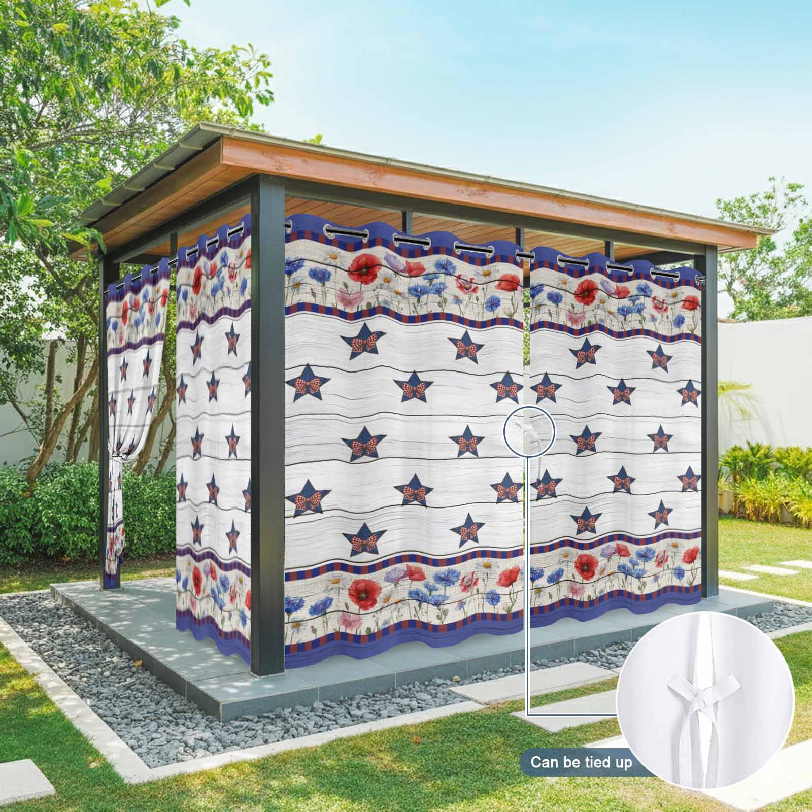Vintage Star Outdoor Curtains for Patio, Red Blue Bow Country Stars Poppy Floral Wood Grain Sunshade Privacy Drapes Grommet Waterproof Outside Curtains for Porch/Cabana/Balcony 54"x 108", 1 Panel