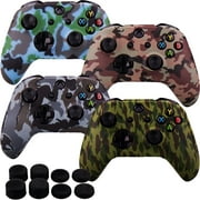 MXRC Silicone Rubber Cover Skin case Anti-Slip Water Transfer Customize Camouflage for Xbox One/S/X Controller x 4(Green & Brown & Grey & Blue) + FPS PRO Extra Height Thumb Grips x 8