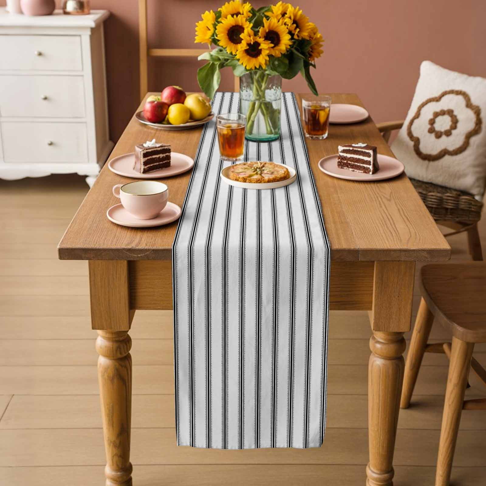 Black Striped Table Runner, Black White Stripes Farmhouse Washable Cotton Linen Table Runners 60 Inches Long, Dresser Scarf Runner for Coffee/TV Stands/Kitchen/Cabinets 13''x60''