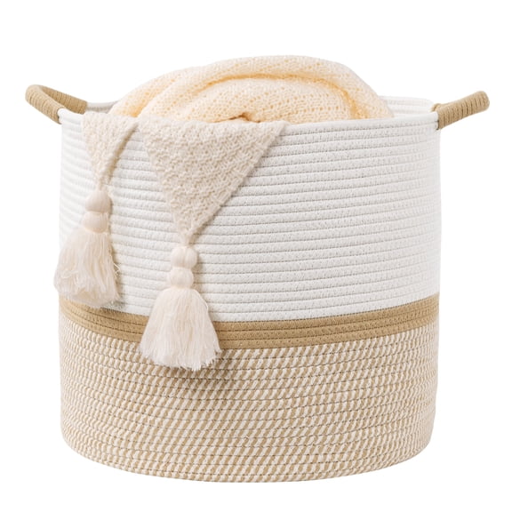 MeyJey 70L Large Cotton Rope Basket with Handles, Boho Woven Storage Basket for Living Room, Laundry, for Blankets, Pillows, Brown/White