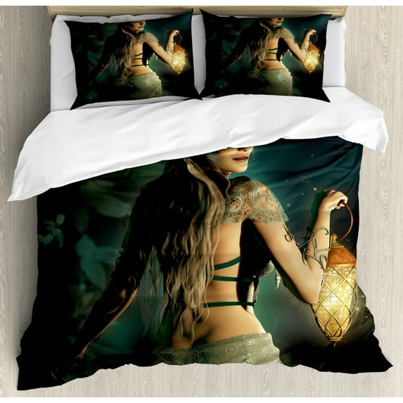 Fairy Duvet Cover Set Queen Size, Elf Princes with Lantern in Mysterious Forest Ornamental Elements Enchantment, Decorative 3 Piece Bedding Set with 2 Pillow Shams, Petrol Blue Beige, by Ambesonne