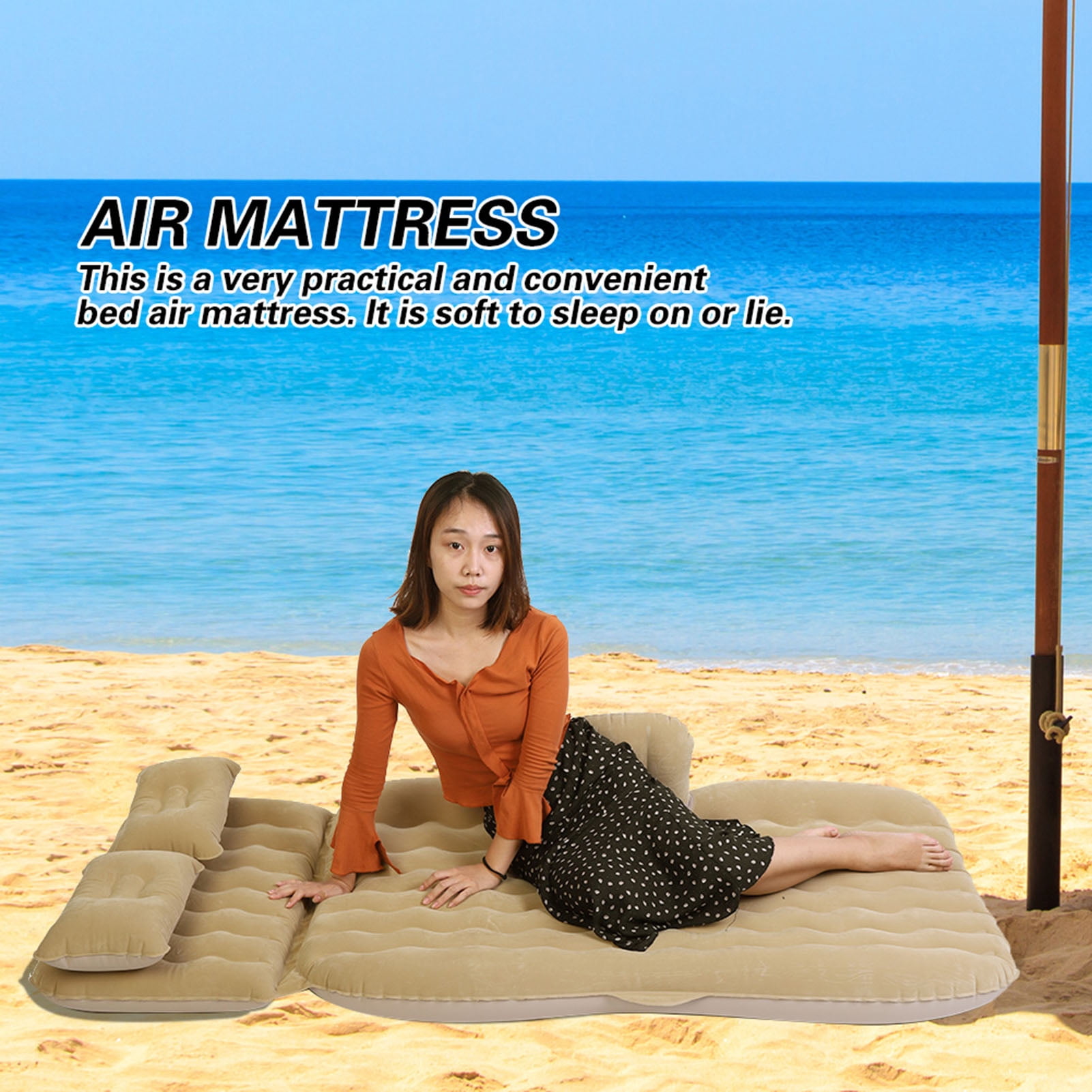 Yajisi Beige Inflatable Car Air Bed Travel Mattress for SUV Rear Seat, Heavy Duty Portable Camping Sleep Pad with 2 Pillows 2 Stools and Air Pump (Beige, 10 inches / 25.4 cm)