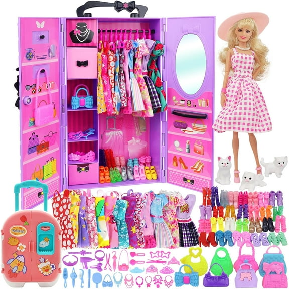 ZITA ELEMENT 83 Pcs Doll Clothes & Accessories with Purple Closet Wardrobe for 11.5 Inch Doll Dress Up Set Including Wardrobe Shoes, Wallet, Dress Hangers, Brush, Necklace, Pet and Other Accessories