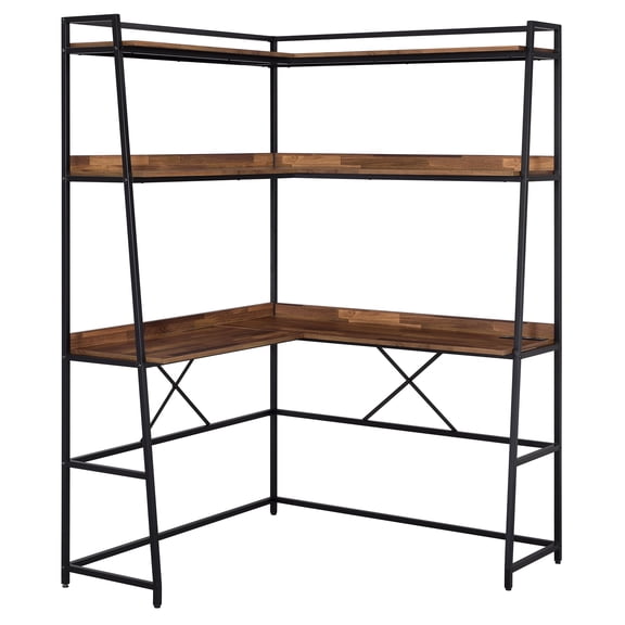Easton 2-Shelf Metal Corner Writing Desk with USB Port, Brown and Matte Black