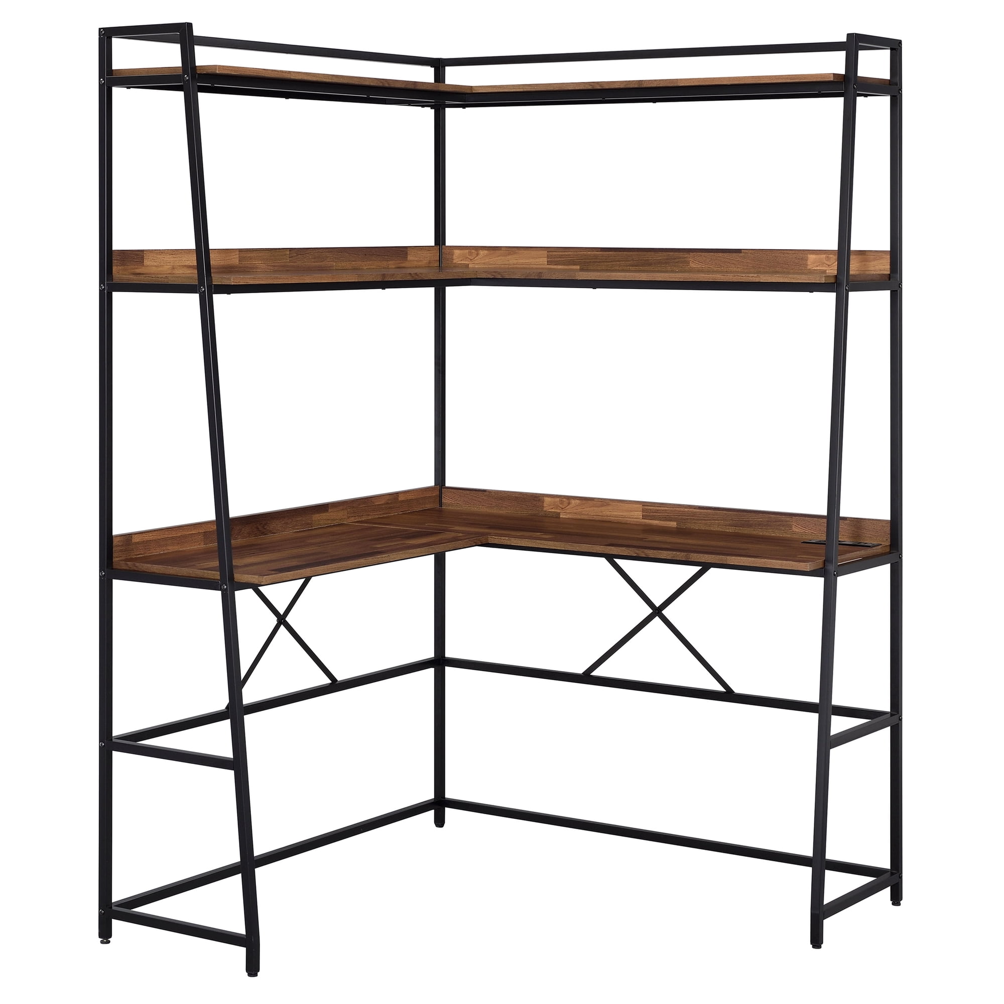 Easton 2-Shelf Metal Corner Writing Desk with USB Port, Brown and Matte Black