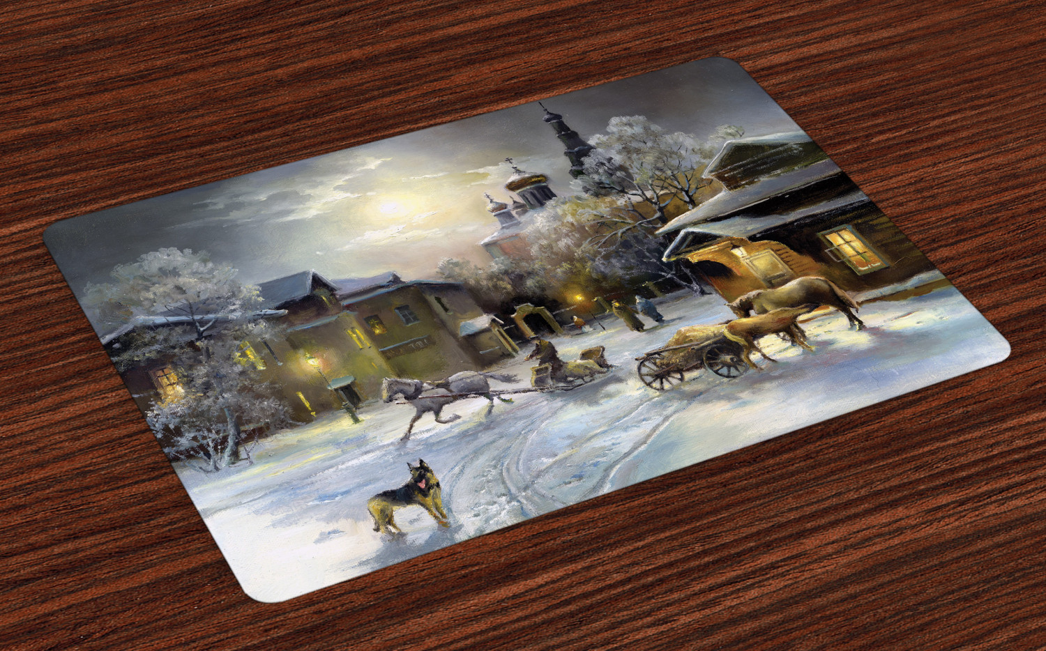 Country Placemats Set of 4 Winter Landscape of a Western Town at Night in New World Rurals in