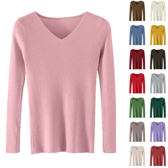 Otvok V Neck Ribbed Slim Fit Sweater for Women, Long Sleeve Solid Pullover, Stretchy Basic Layering Top for Autumn Winter