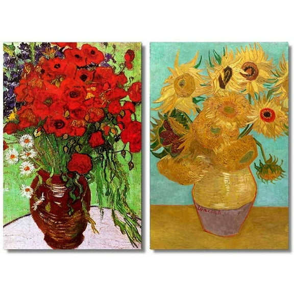 Famous Oil Painting Reproduction Replica Set of 2 Still Life Vase with Twelve Sunflowers Red Poppies and Daisies by Van Gogh ped - Canvas Art Wall Decor - 16"x24"x2 Panels