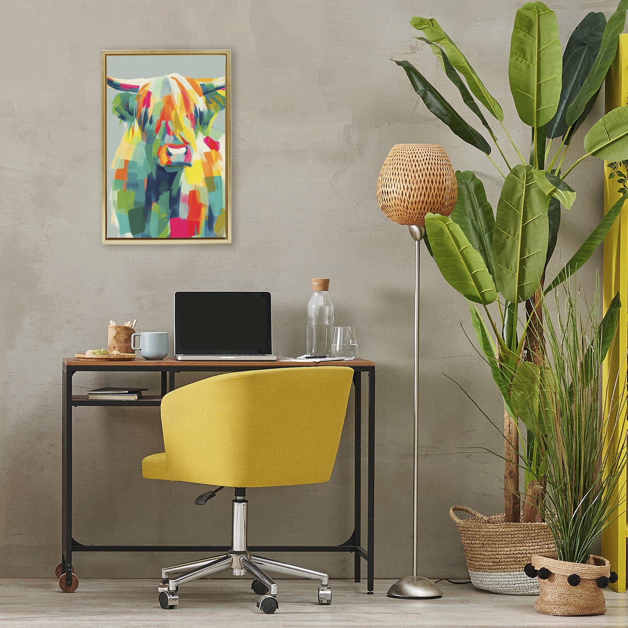 Stupell Industries Highland Cow Abstract Patchwork Gold Framed Floater Canvas Wall Art, design by Chromatic Storm Studio