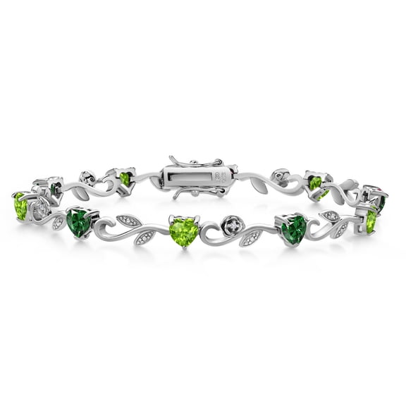 Gem Stone King 925 Sterling Silver Heart Shape Green Nano Emerald Green Peridot and Round White Lab Grown Diamond Greek Vine Flower Tennis Bracelet for Women (5.04 Cttw, 7.5 inch)