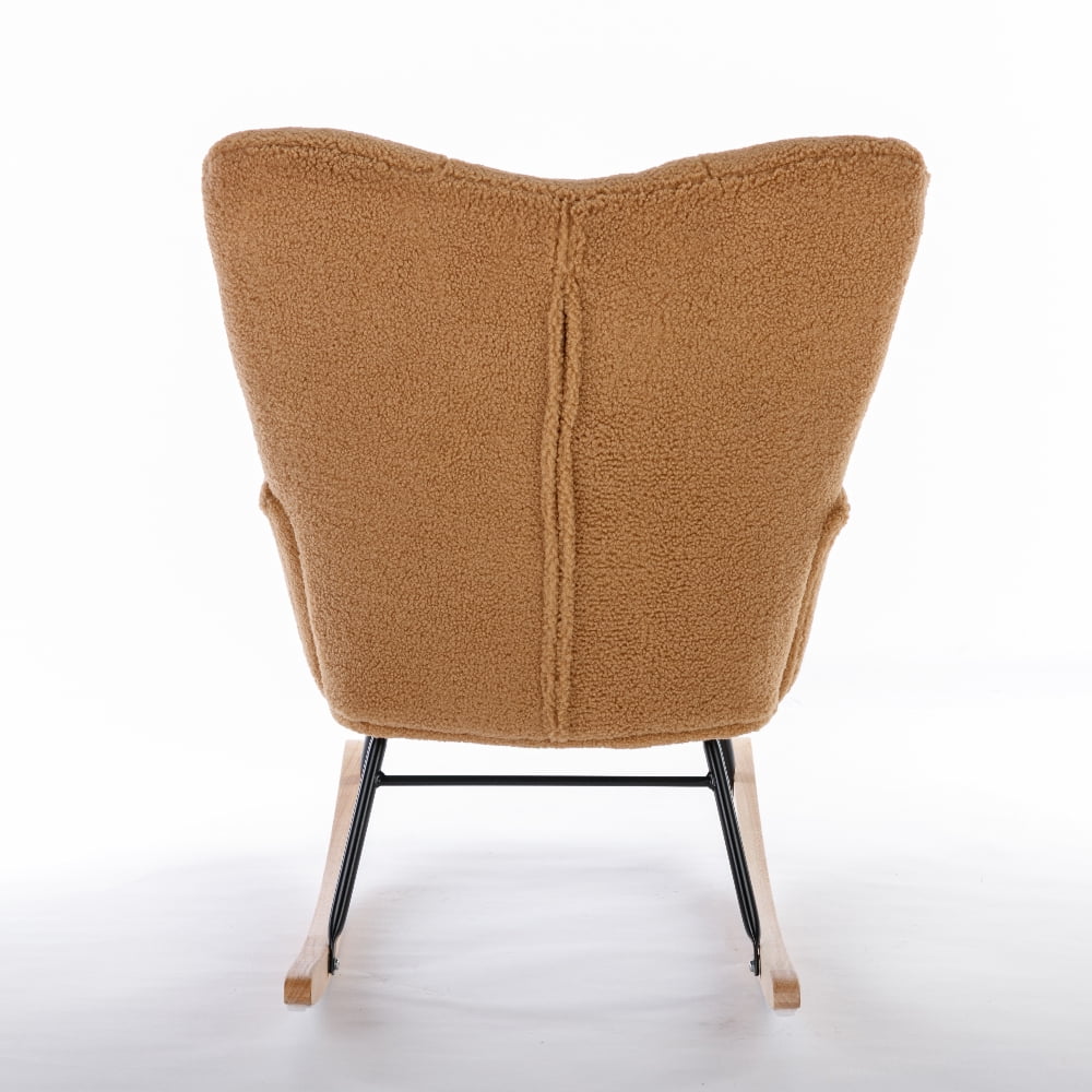 Oufan Leisure Rocking Chair With Upholstered, Teddy Fabric Nursery Rocking Chair with High Backrest & Solid Wood Frame for Living Room, Bedroom