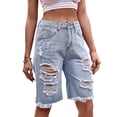 thumbnail image 1 of Pantalones cortos casuales de mujer con bolsillo Cintura media Piernas rectas Agujero Pantalones cortos de mezclilla Pantalones hasta la rodilla Azul L, 1 of 8