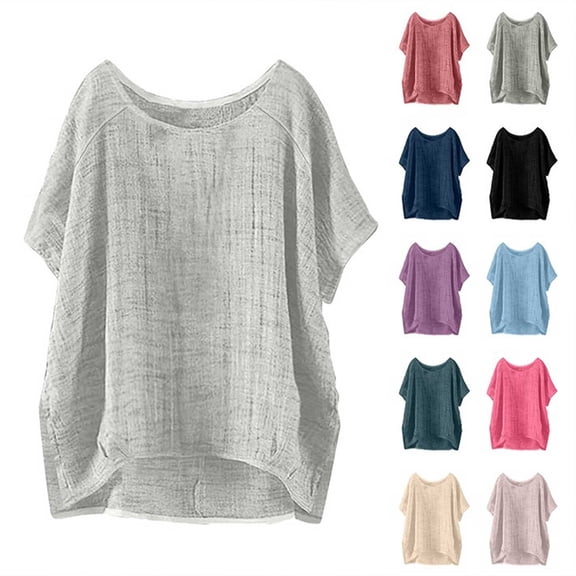 Cotton Linen Shirts for Women Summer 2026 Trendy Crewneck Short Sleeve Tops Casual Loose Fit Blouses by Yigetop Beige L