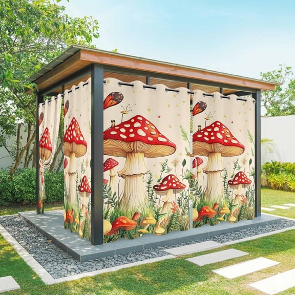 Outdoor Curtains for Patio Waterproof, Red Mushroom Windproof Pravicy Outside Porch Blackout Curtain, Watercolor Spring Summer Floral Sun Blocking Grommets Curtains for Cabana 2 Panels 54"x108"