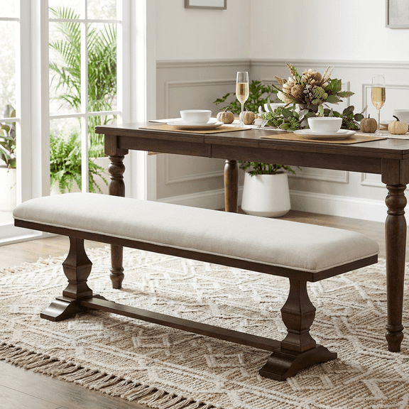 WAMPAT Farmhouse Dinning Bench Seat,59.8" Upholstered Bench with Premium Fabric and Solid Wood Legs for Kitchen, Living Room & Bedroom,Espresso