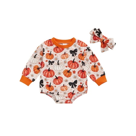 

WERNZATT Newborn Girl Halloween Outfit Long Sleeve Bow Pumpkin Romper Hairband