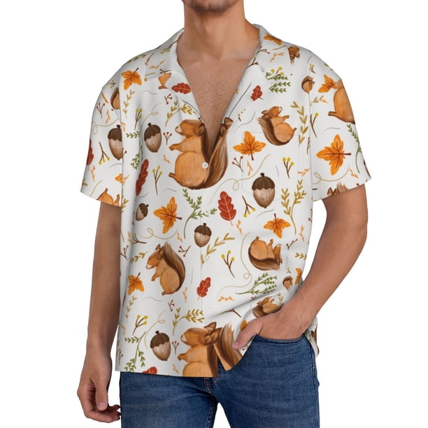 Fotbe Squirrel Camisa Estampada de Manga Corta para Hombre, Casual de Verano, Estilo Playero, Sin Arrugas-Medium