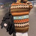 thumbnail image 5 of Norvella Mens Fair Isle Sweater Geometric Striped Pattern Crew Neck Long Sleeve Drop Shoulder Pullover Ribbed Relaxed Fit Top, 5 of 6