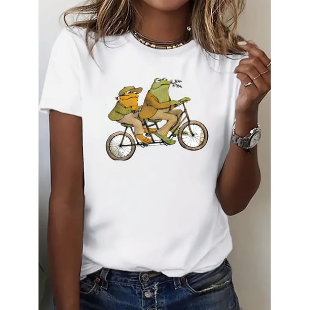 Camiseta De Verano Para Mujer, Camisetas Suaves De Verano Para Mochilero, Viajes En La CalleWomen's Cute Frog Bicycle Print T-Shirt - Casual Short Sleeve, Breathable Polyester, Machine Washable - Pe