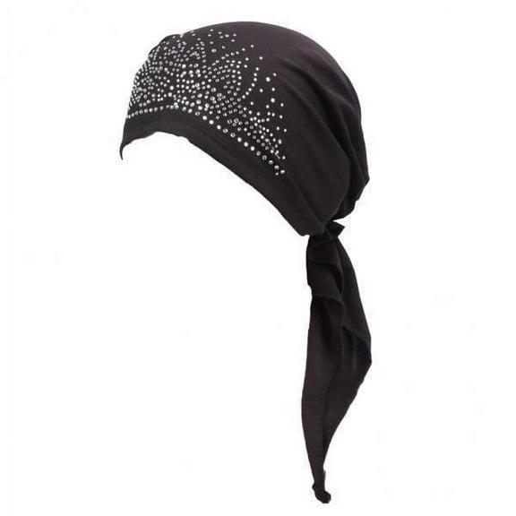 yuksok 2X Women Head Scarf Pre Tied Chemo Hat Rhinestone Beanie Turban Headwear Black