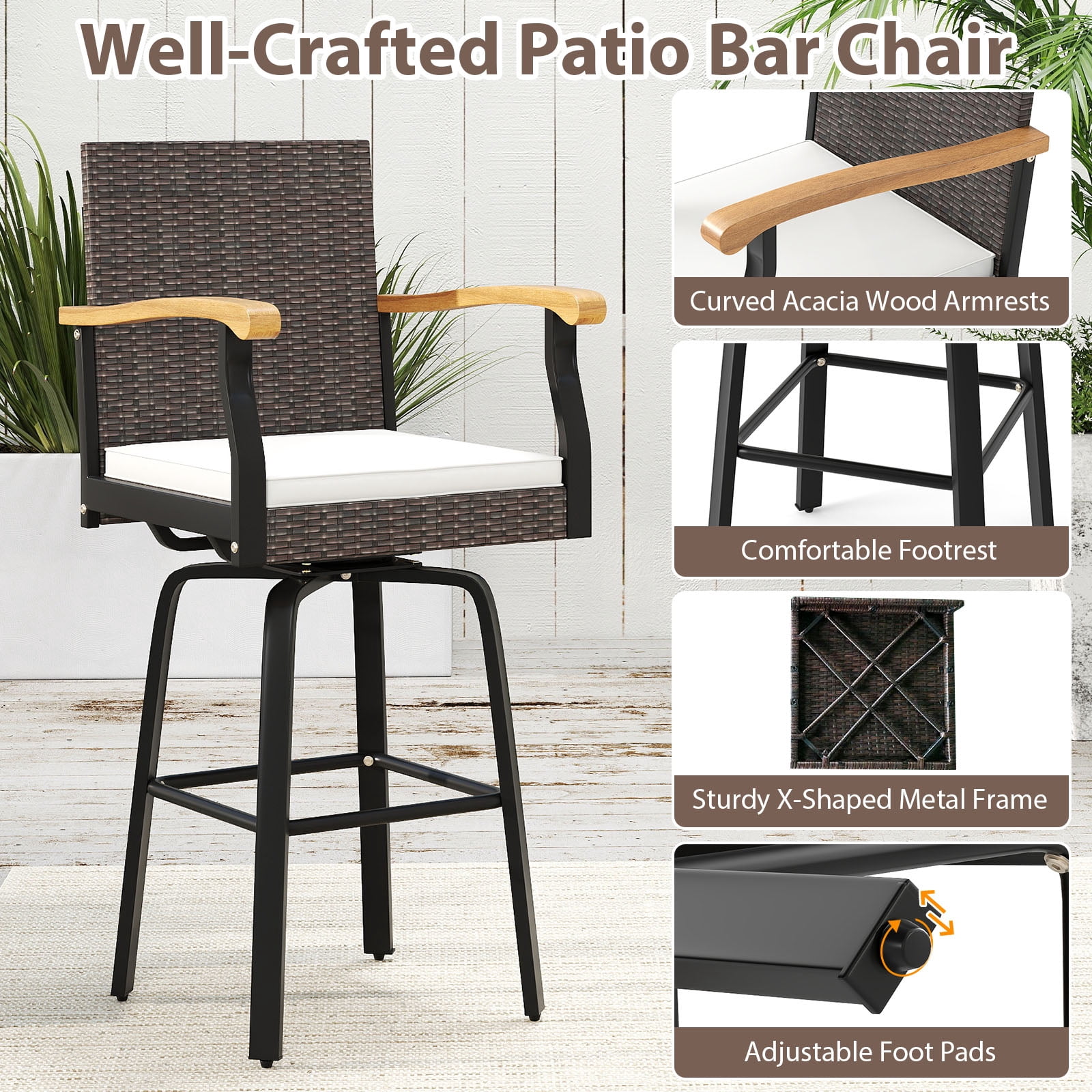 Gymax Outdoor Rattan 360 degree Swivel Bar Stool w/ Removable Cushion Footrests