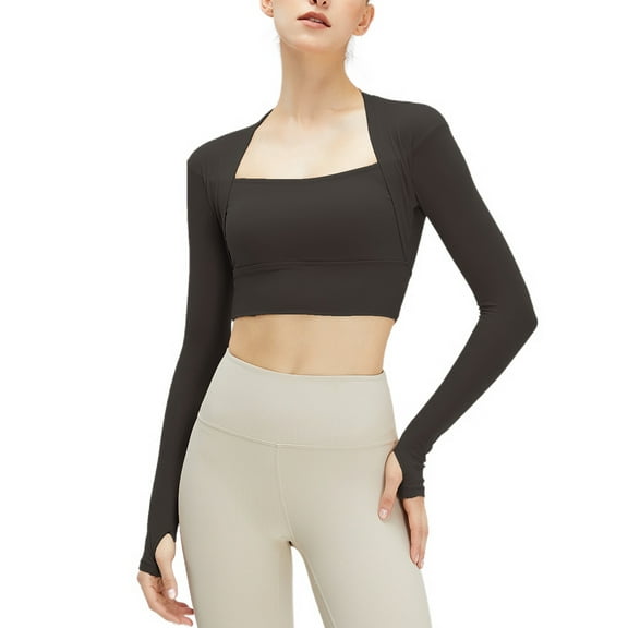 SWSMCLT Women's Yoga Workout Square Neck Crop Top Long Sleeve Yoga Shirt Soft Fashion Spandex Summer Basic Black Small