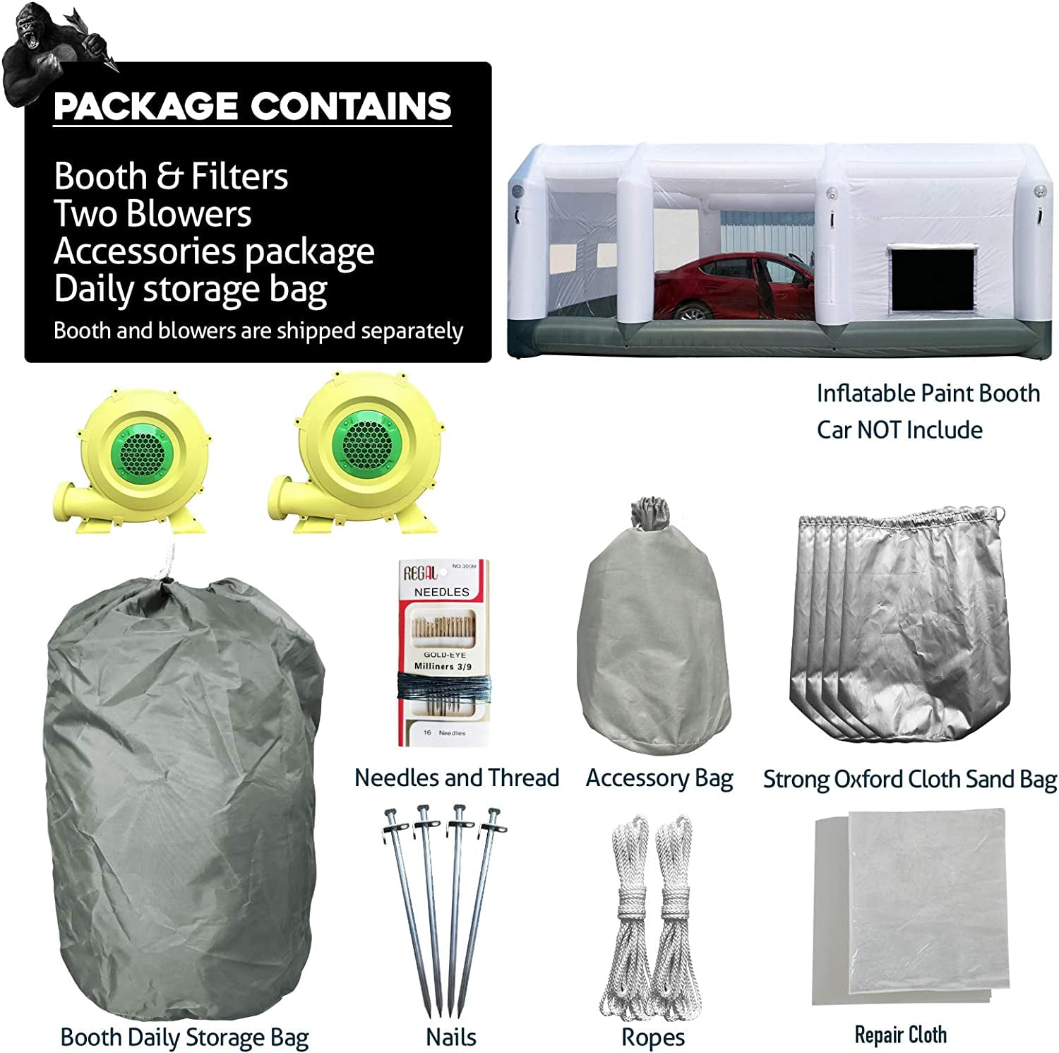 GORILLASPRO Portable Inflatable Paint Booth 26x15x10Ft with 2 Blowers (750W+950W) &Air Draft Device