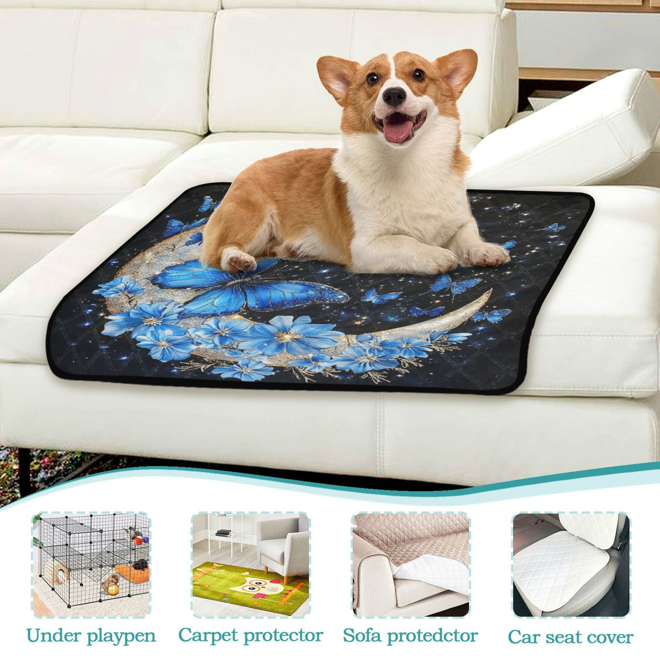 Qxltty Moon with Butterflies Cat litter Pads Pet Set of 3 Diaper Mats Center Anti-leakage Layer Absorbent Soft and Comfortable