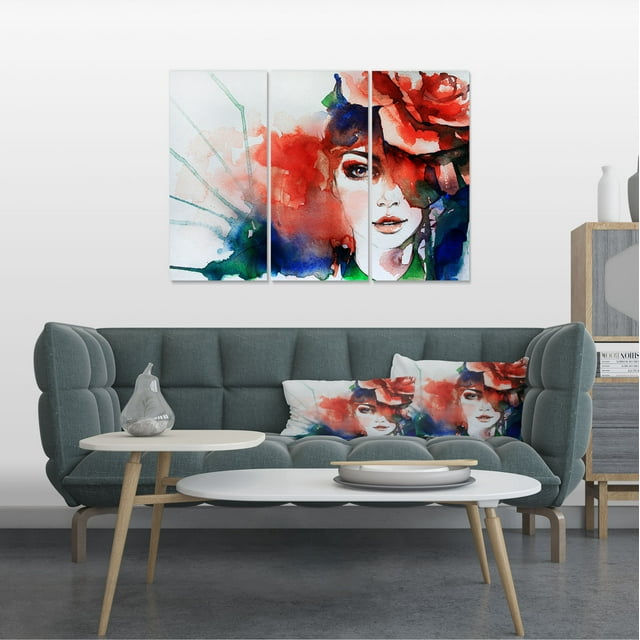 Woman with Rose Illustration - Abstract Canvas Artwork
