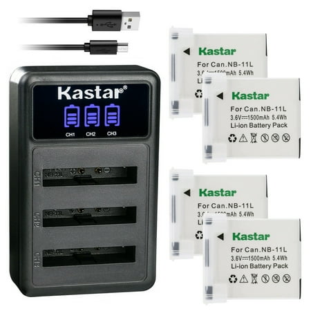 Kastar 4 Pack NB-11L Battery and LCD Triple USB Charger Compatible with Canon IXY 220F IXY 420F IXY 430F IXY 90F PowerShot A2300 A2300 IS PowerShot A2400 A2400 IS PowerShot A2500 A2500 IS