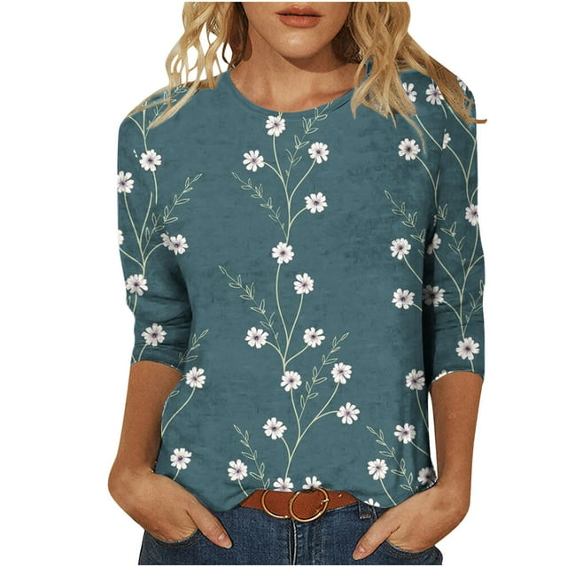 Pompotops T-shirt Ample Imprimé pour Femmes, Manches 3/4, Blouse à Col Rond, Hauts Décontractés, Liquidation